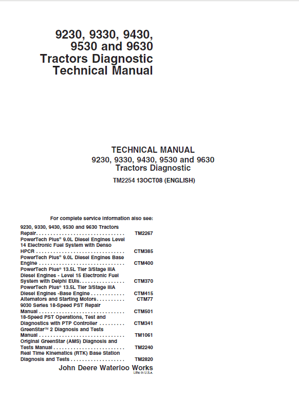 John Deere 9230 9330 9430 9530 9630 Specs Tractor Service Manual
