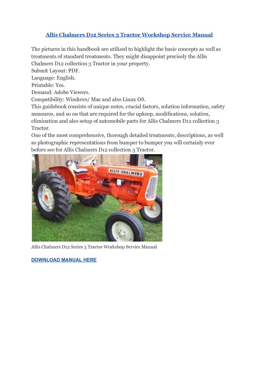 Allis Chalmers D12 Series 3 Tractor Workshop Service Manual