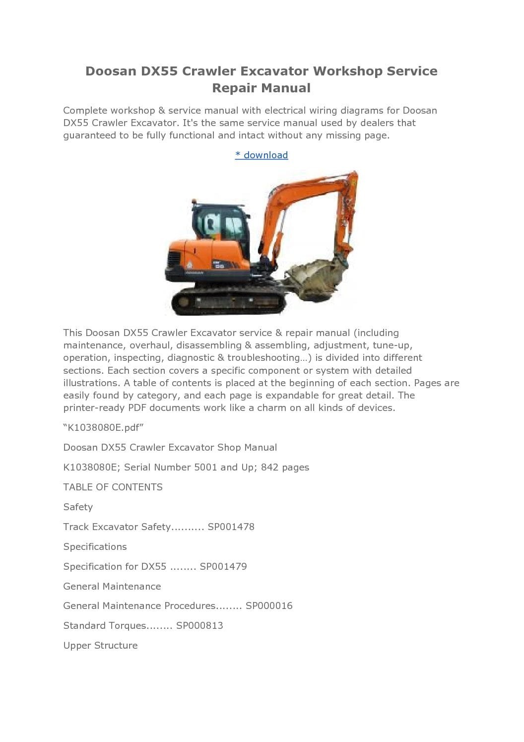 Cat Repair Manual (PDF) Doosan DX55 Crawler Excavator Workshop Service Repair Manual