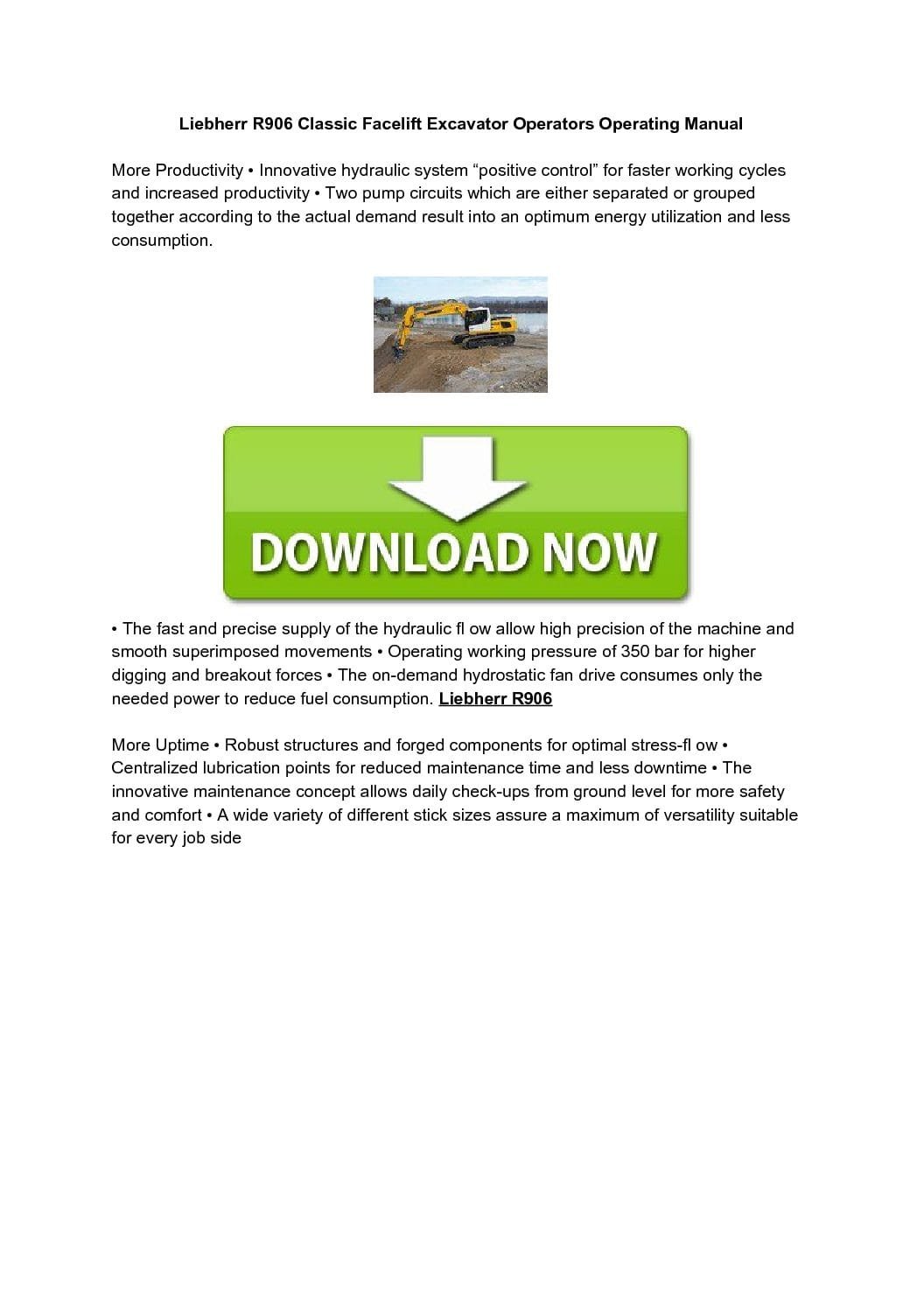 Liebherr R906 Classic Facelift Excavator Operators Operating Manual