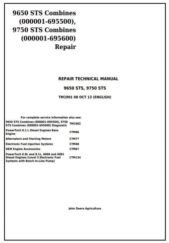 John Deere 9450 9550 9650 Combine Service Repair Manual TM1901
