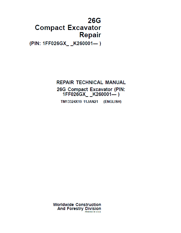 Cat Repair Manual (PDF) John Deere 26G Excavator Repair Technical Manual