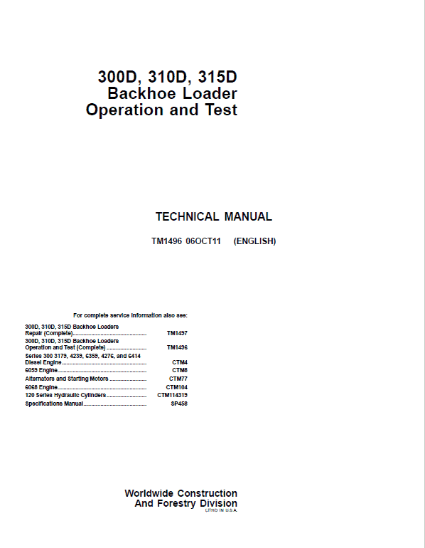 John Deere 300D, 310D, 315D Operation Test Manual