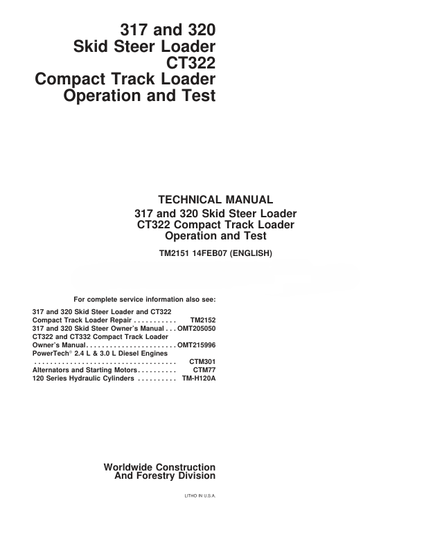 John Deere 317 320 Ct322 Skid Steer Operation Test Manual