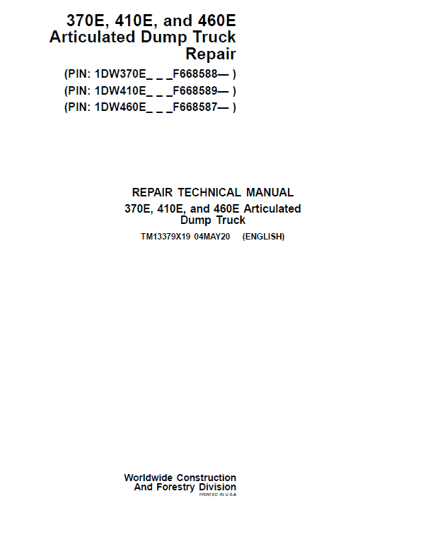 John Deere 370E, 410E, 460E Dump Truck Technical Manual