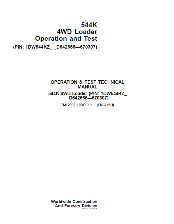 John Deere 544K 4WD Loader Technical Manual TM12098