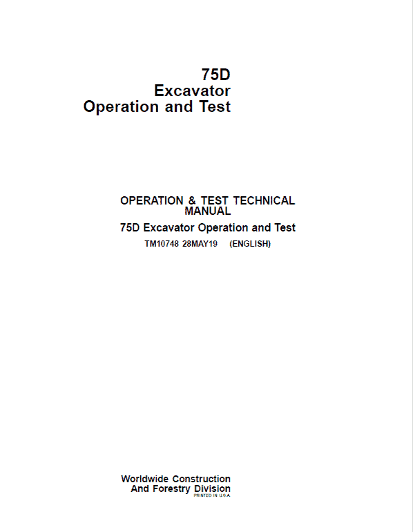 John Deere 75D Excavator Operation Test Manual
