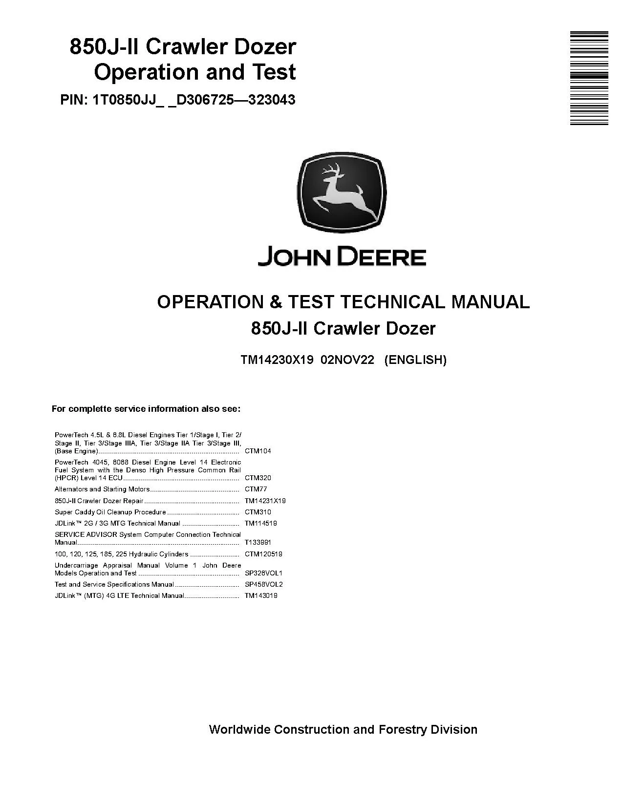 John Deere 850J-II Crawler Dozers Operation and Test Manual