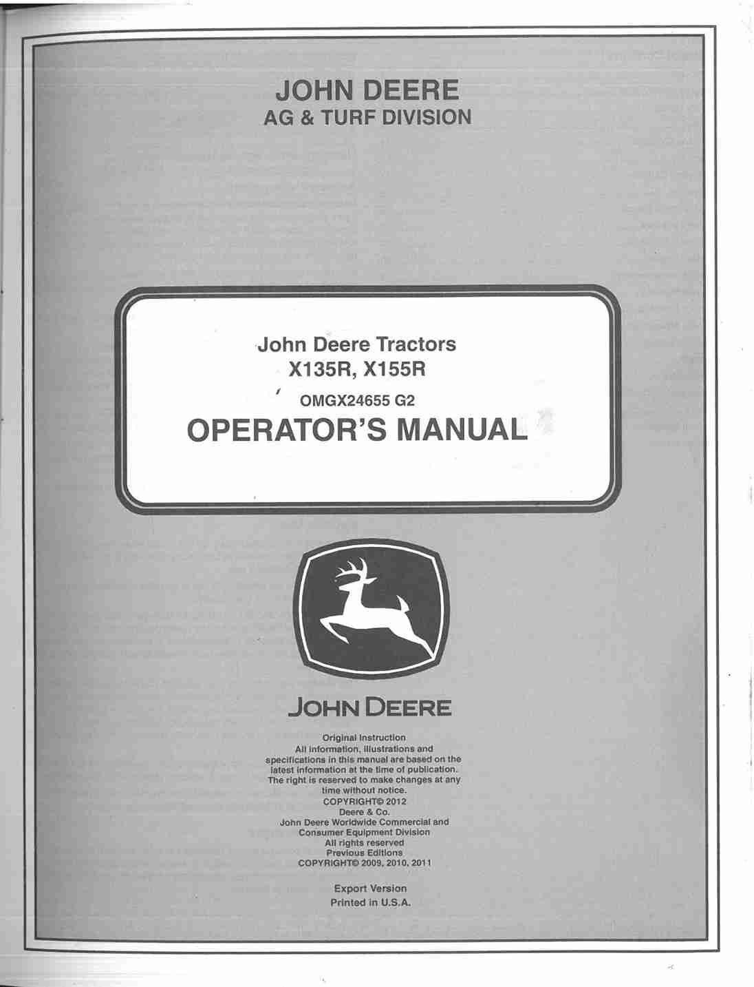 John Deere X135R X155R Tractor Operator’s Manual
