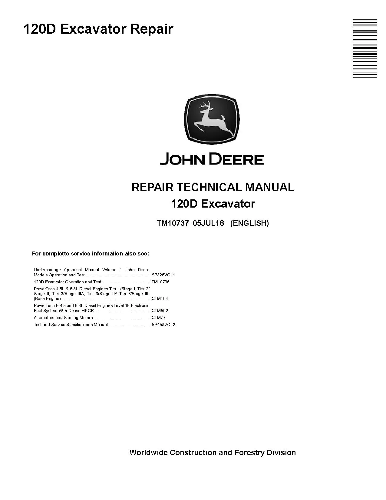 John Deere 120D Crawler Excavators Repair Manual TM10737