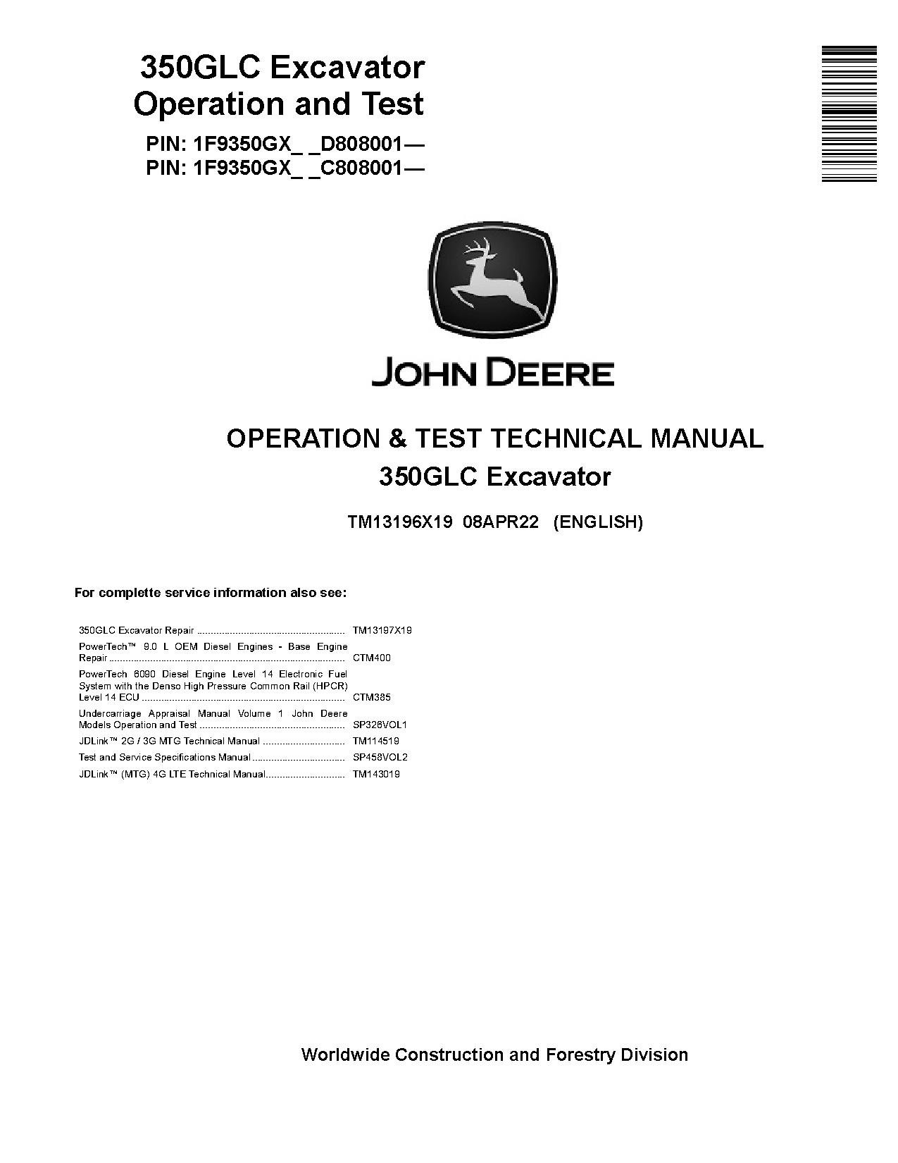 John Deere 350glc Diagnostic, Operation & Test Service Repair Workshop Manual