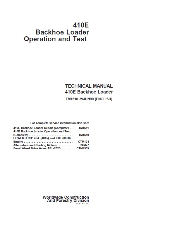 John Deere 410E Backhoe Loader Technical Manual