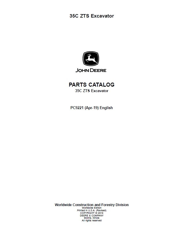 John Deere 35C ZTS Mini Excavator Parts Catalog Manual PC9221